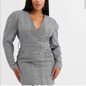 Belted Puff Sleeve Checker Dress